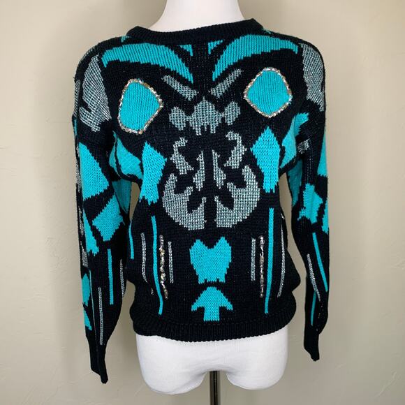Vintage 90s Black Turquoise Sweater with Silver Sequin Details Sz Medium - Picture 1 of 7